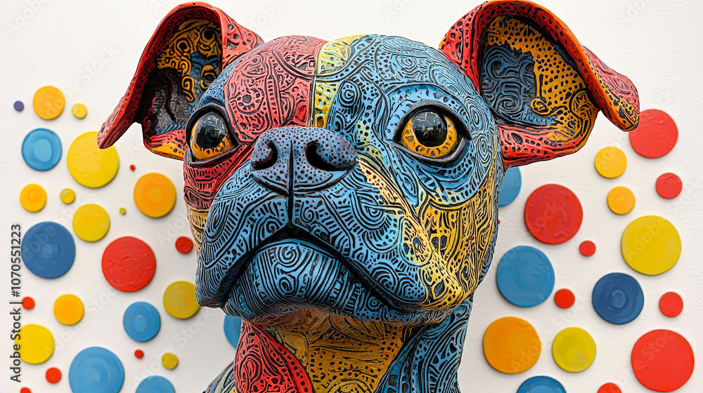 Aufkleber A sculpted dog adorned with detailed colorful patterns stands out against a playful backdrop of circles in various sizes