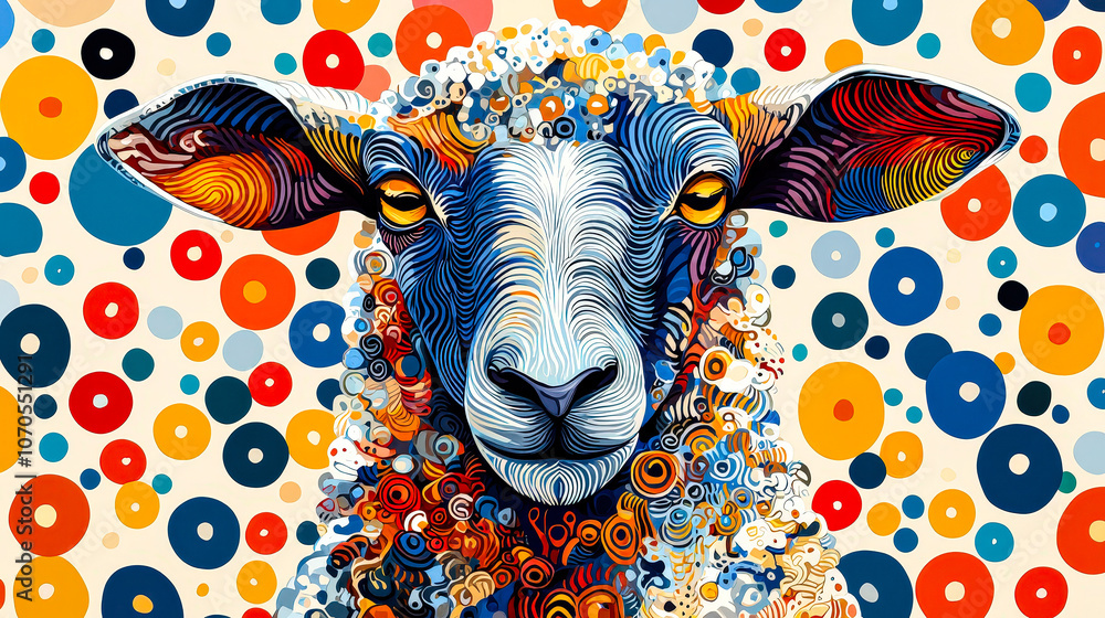 Poster The artwork features a sheep with intricate patterns and bright colors set against a lively backdrop of circles