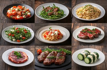 Diverse gourmet dishes featuring pasta, grilled meat, and fresh vegetables served on stylish dark plates at a fine dining restaurant