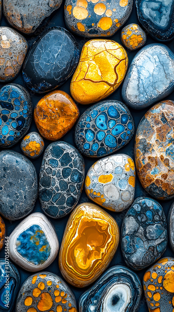 Poster a variety of polished stones featuring vivid colors and unique patterns create a visually striking a