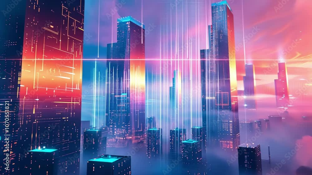 Poster a futuristic cityscape of shimmering towers and floating platforms fueled by energy from exotic part