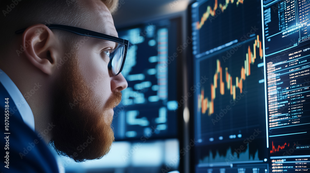Poster a business analyst focuses intently on financial graphs and metrics displayed on large computer scre
