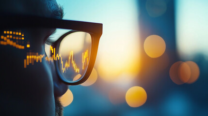 Business executive analyzing inventory management trends through glasses, reflecting data visuals against sunset backdrop, showcasing focus and determination