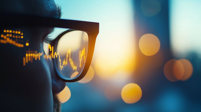 Business executive analyzing inventory management trends through glasses, reflecting data visuals against sunset backdrop, showcasing focus and determination