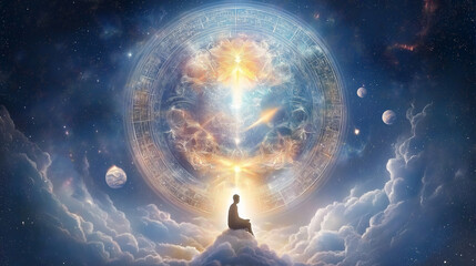 Cosmic Meditation: A solitary figure meditates atop a cloud, gazing out at a celestial scene of a radiant Earth and distant planets, symbolizing spiritual enlightenment and connection to the universe.