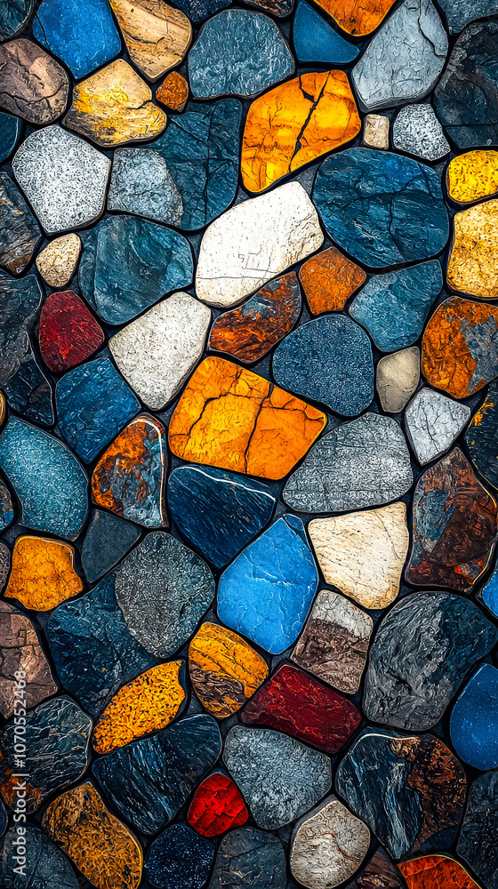 Poster a detailed view of a mosaic made from various colored stones, perfectly arranged to highlight their 