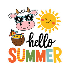 A cow wearing sunglasses and a sun hat is smiling and holding an umbrella. Text image Hello summer