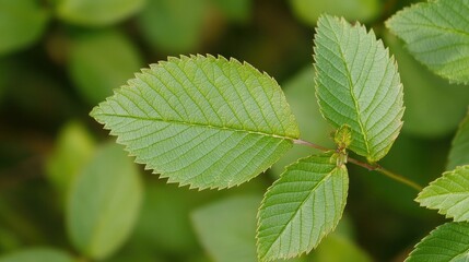 Close-up of green leaves with veins and serrated edges.
