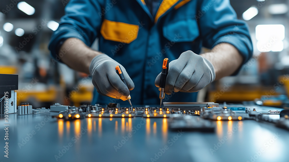 Poster technician in gloves works on circuit board, using tools to repair electronic components. workspace 