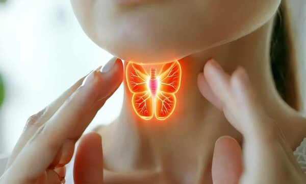 a woman holding hands near her illuminated thyroid gland symbolized by a citrus slice, emphasizing health and wellness. This image represents balanced nutrition and thyroid health awareness.