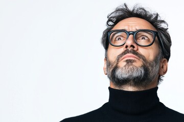 Obraz premium Man with glasses and a beard looking upwards against a plain background