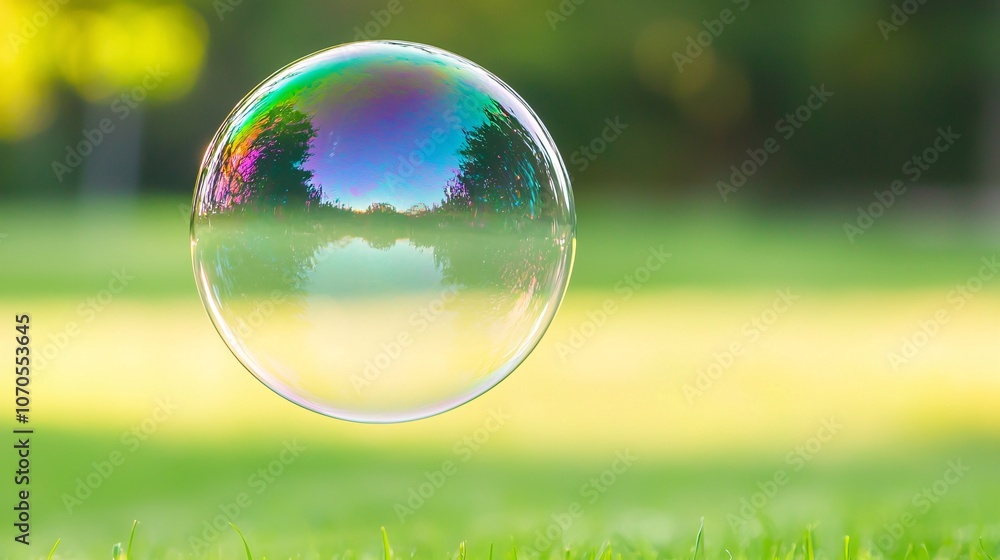 Poster captivating moment of a soap bubble bursting with rainbow reflections - high-resolution image showca