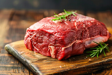 Raw red meat on a wooden board. Fresh meat from grass-fed and free-range animals	
