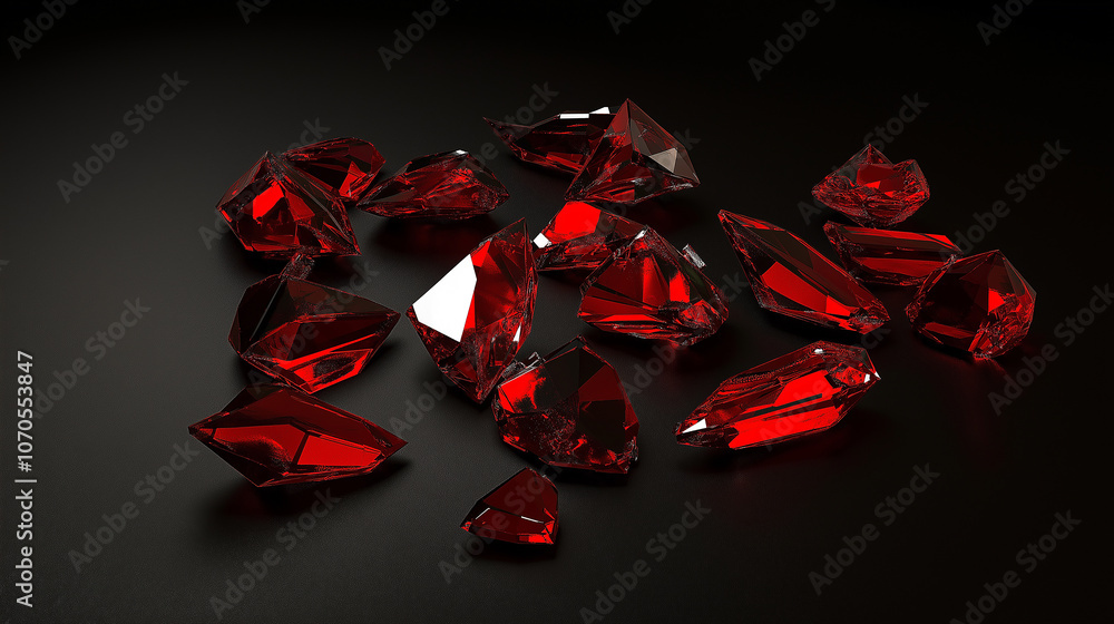 Leinwandbilder collection of red ruby like shards scattered on dark surface, reflecting light beautifully. vibrant color and sharp facets create eye catching display