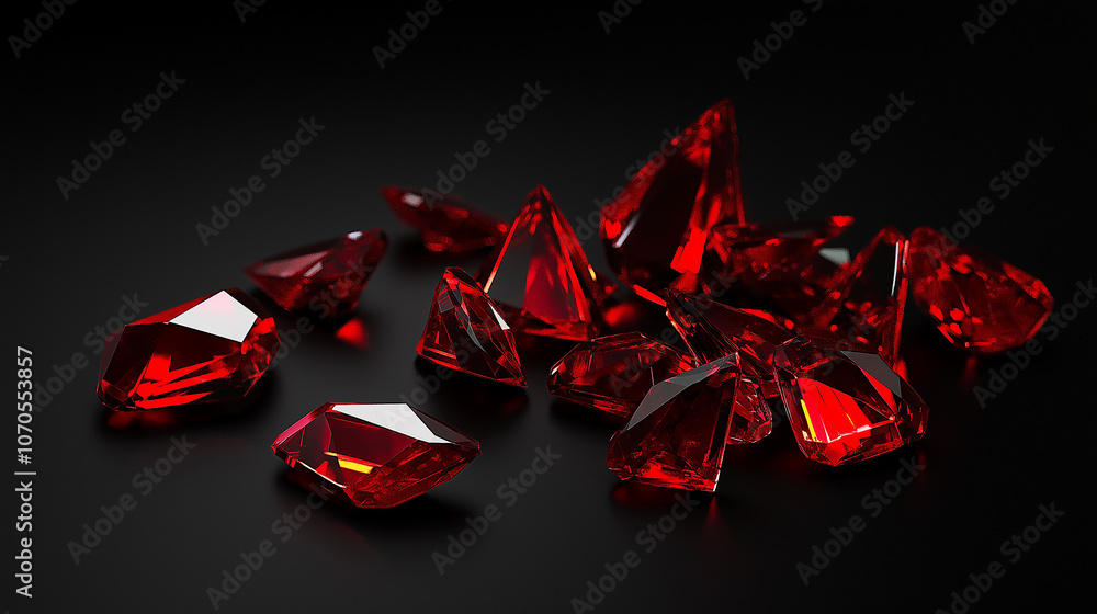 Leinwandbilder shiny red ruby like shards scattered on dark surface, reflecting light beautifully. these vibrant ge