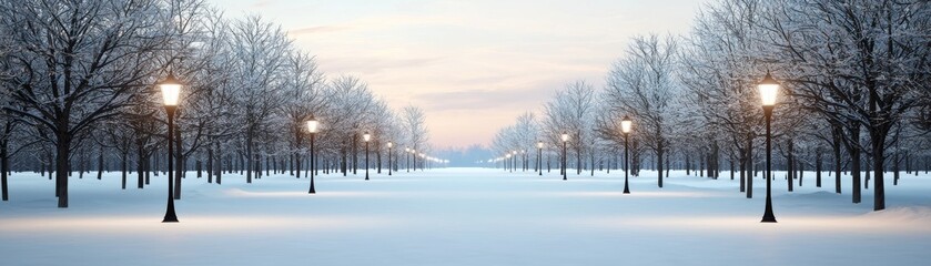 A serene winter landscape featuring snow-covered trees lined along a pathway, illuminated by vintage street lamps under a soft morning light.
