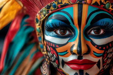 A close-up of a colorful mask used in traditional Hispanic festivals, representing folklore and cultural traditions.