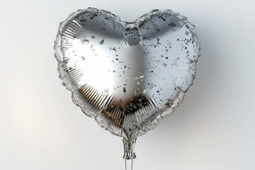 A silver heart balloon is suspended in midair The balloon is shiny and metallic