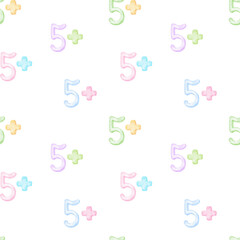 five, plus. Watercolor seamless pattern on white background in pastel colors. Cute children's illustration back to school