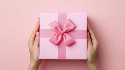 Hands holding a beautifully wrapped pink gift box with a bow on a pastel background.