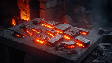 glowing forge with hot metal pieces, showcasing art of metalworking. intense heat and vibrant colors create dramatic atmosphere in this industrial setting