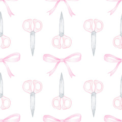 scissors, bows. Watercolor seamless pattern on white background in pastel colors. Cute children's illustration back to school