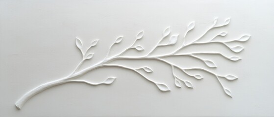 A detailed white relief of a branch with leaves on a light background in a minimalist design