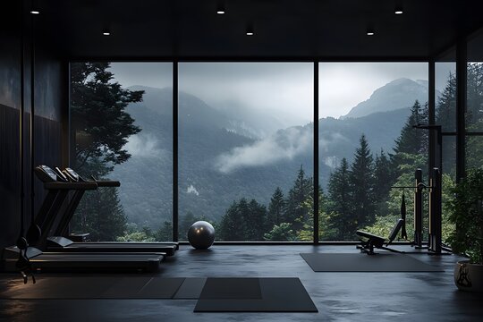 Modern home gym with a mountain view.