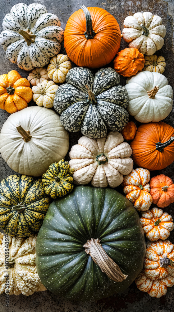 Aufkleber a diverse collection of pumpkins showcases different shapes and colors, creating a festive atmospher
