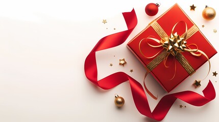 Red gift box wrapped with a gold ribbon It has a ribbon component. for celebration on a white background.