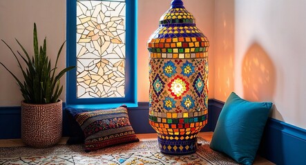 Colorful mosaic lantern in a Moroccan inspired corner of a room