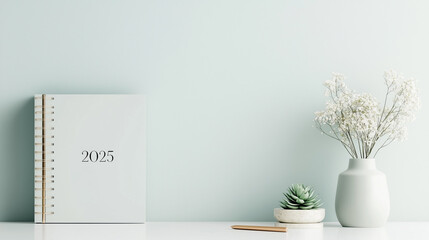 A clean and simple 2025 desk calendar placed alongside delicate white flowers in a vase, a succulent in a small pot, and a beige pen, creating a calm and organized workspace aesthetic.