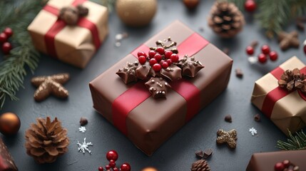 Fototapeta premium Perfect holiday pudding with rich chocolate decorations, festive pine branches, and vibrant berries creating a luxurious dessert display for the Christmas season