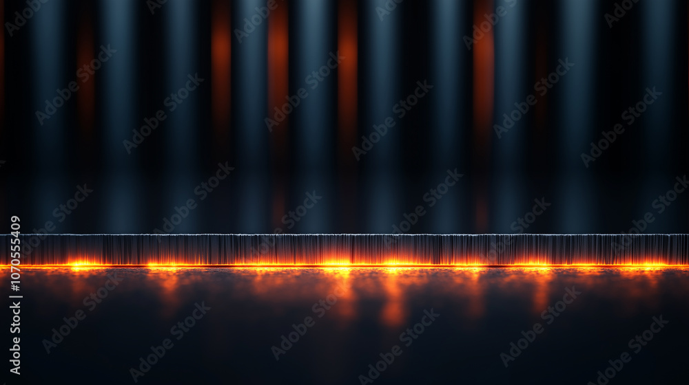 Poster steel bars emitting orange red glow along edges create striking visual effect. interplay of light an