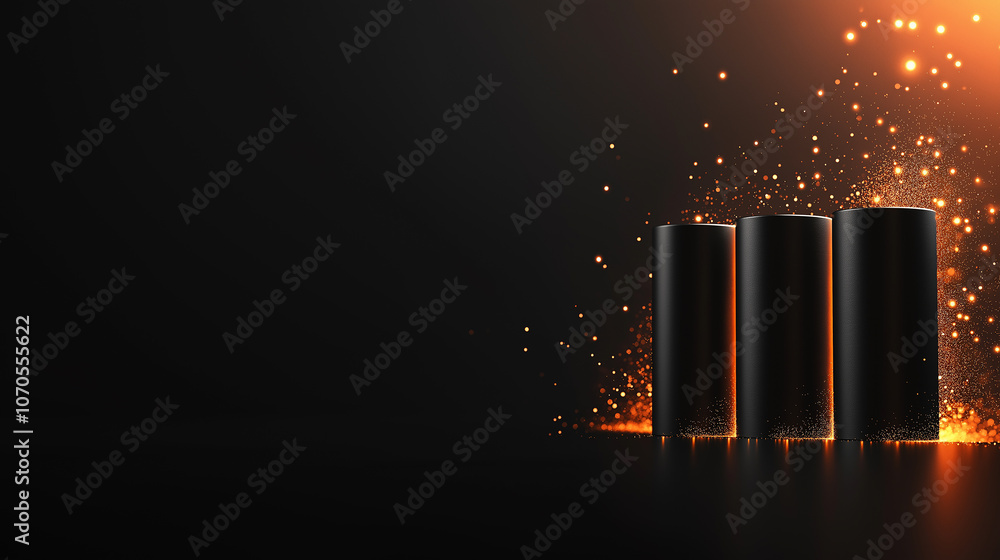 Aufkleber three cylindrical steel bars on matte black surface with glowing sparks in background, creating dram