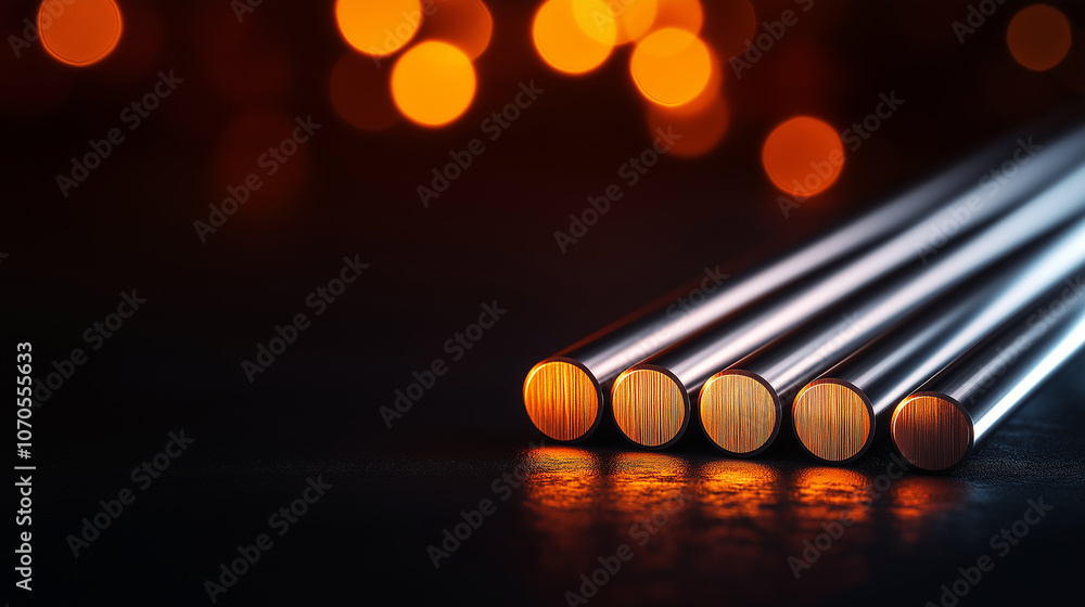 Poster shiny steel bars arranged in row on dark surface, glowing warm lights in background create striking 
