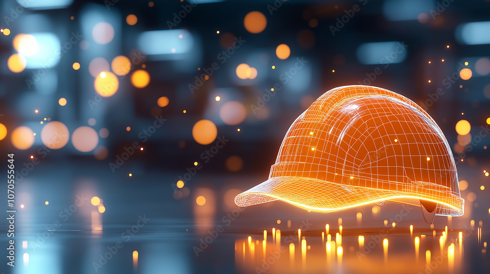 Poster orange hard hat glowing with wireframe design, symbolizing safety and construction. vibrant lights c
