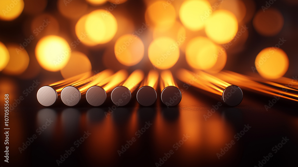 Poster Three steel bars arranged in row on matte black surface, illuminated by warm bokeh lights, creating striking contrast and sense of depth