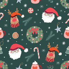 Cotton fabric Christmas decorative seamless pattern with Santa, reindeer and winter wreath, seasonal background