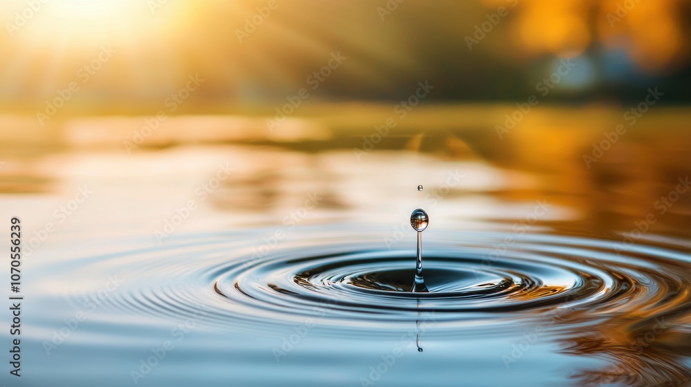Poster a single drop of water creating ripples on a still pond, with soft light reflecting on the circular 