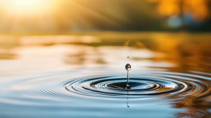 A single drop of water creating ripples on a still pond, with soft light reflecting on the circular waves, emphasizing the concept of tranquility and mindfulness.