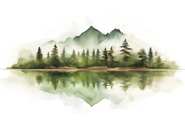Watercolor illustration of an island with pine trees and mountains reflected in the water,