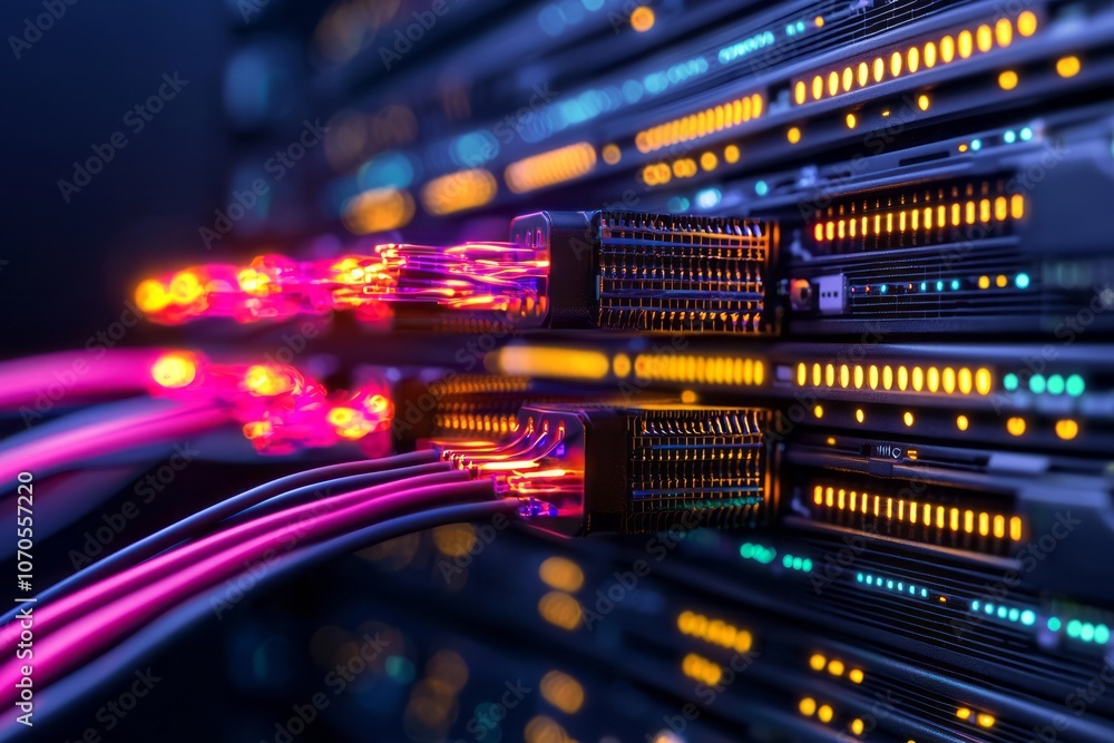 Poster network cables glow brightly while connecting servers in a dimly lit data center setting