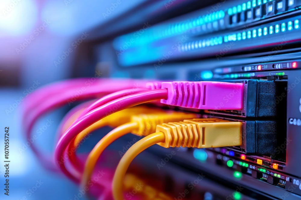 Poster colorful network cables connected to a server rack in a data center during the daytime