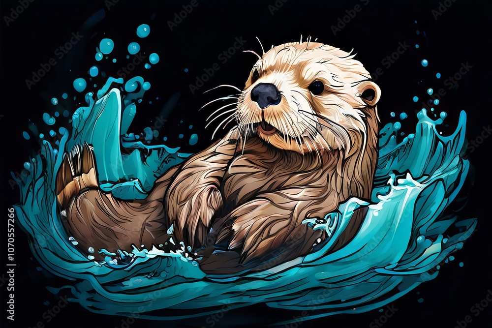 Poster sea otter cracking open shell on belly while floating creative a