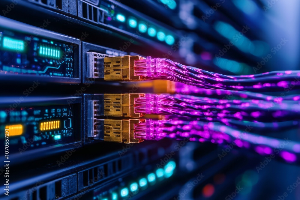Poster close-up of network cables connected to server during data transmission in a data center