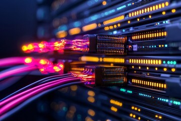 Naklejka premium Network cables glow brightly while connecting servers in a dimly lit data center setting