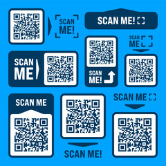 Scan me QR code sticker with text. Online payment. Special offer sale stickers, shopping discount label, promotional badge. Product serial number. Supermarket retail price tag. Vector illustration
