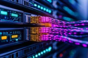 Close-up of network cables connected to server during data transmission in a data center
