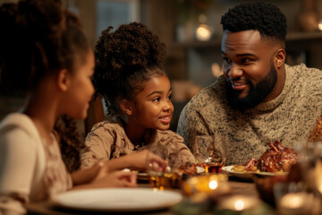 A family gathered around a dinner table, sharing stories about their heritage and discussing the importance of Black History Month.